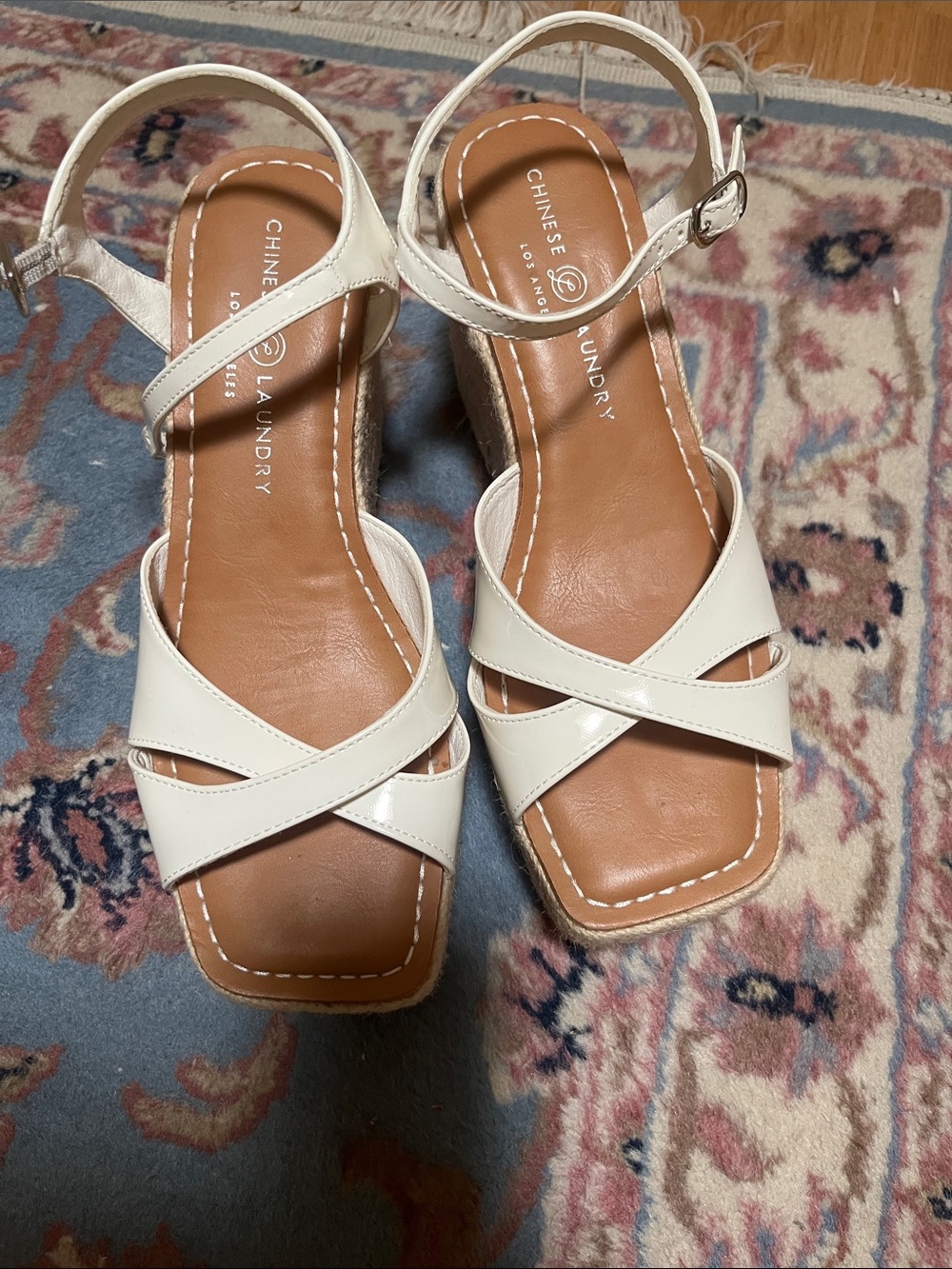 Chinese Laundry Cream Crossover Strap Block Heel Sandals